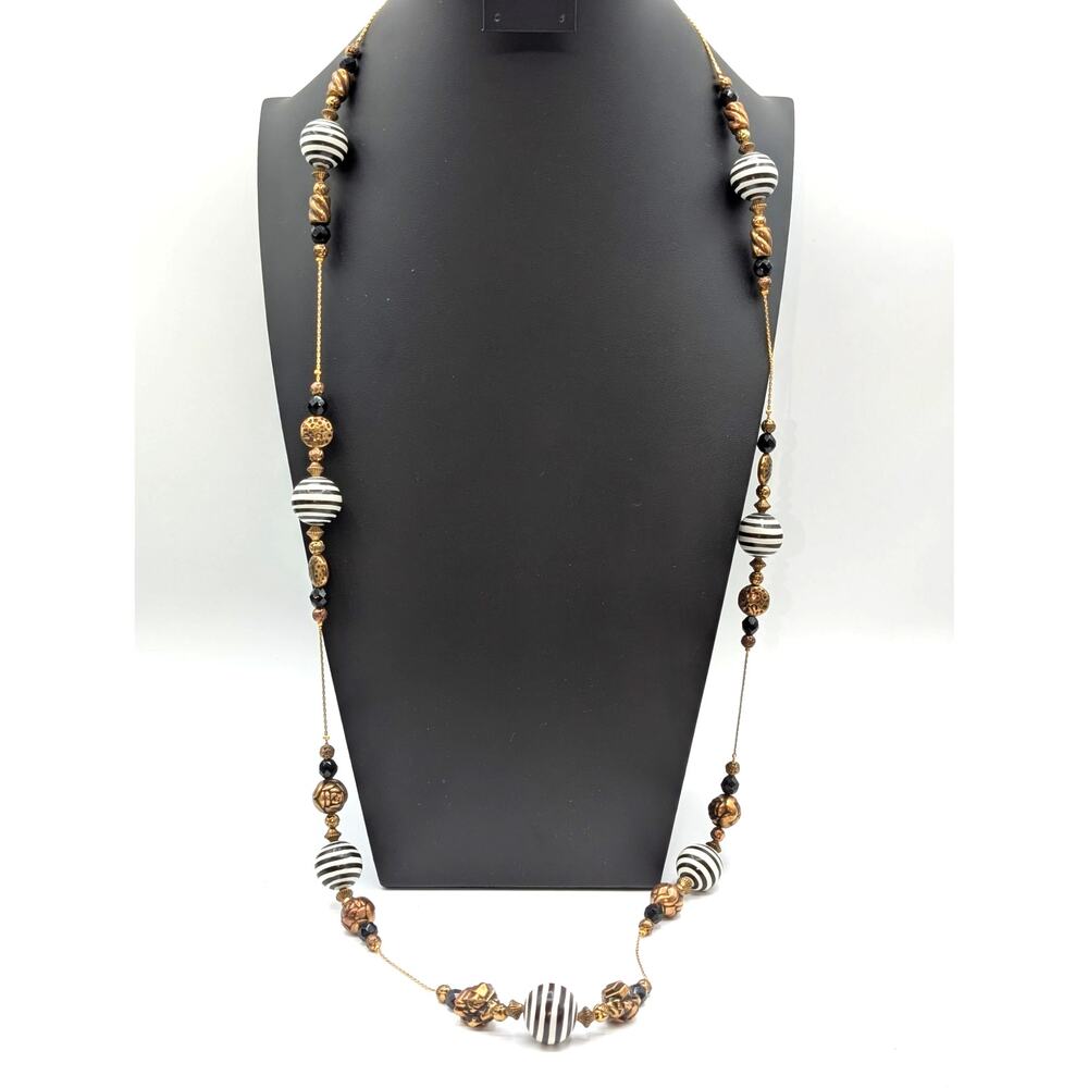 Dabby Reid Black White Striped Gold Tone Beaded Chain 46" Necklace